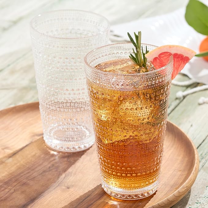 Santa Fe Clear Set of 6 Premium Acrylic Ice Tea Glass 22 oz – Unbreakable Drinkware with Textured Bubble Design, Shatterproof Tumblers for Indoor & Outdoor Use