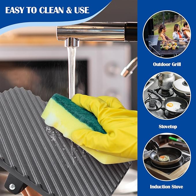 SafBbcue 10" Cast Iron Large Bacon Press & Steam Cover, 12" Round Stainless Steel Steamer Melting Dome, Heavy Duty Griddle Press XL for Blackstone Flat Top Grill