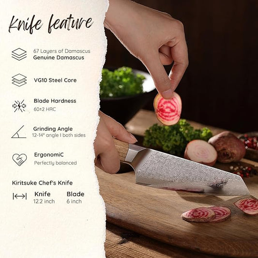 Wakoli Oribu Kiritsuke Small Chef's Knife – Full Tang Kitchen Knife | 6-Inch Blade Made of 67-Layer Damascus Steel with AUS-10 Core | Ergonomic Olive Wood Handle | Professional & Durable
