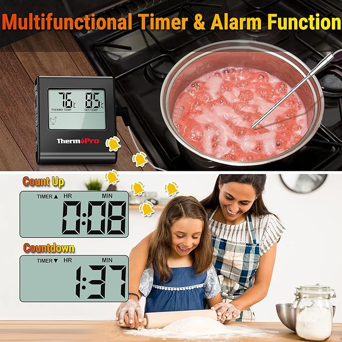 ThermoPro TP16H Large LCD Digital Meat Thermometer for Cooking, Smoking, Grilling, BBQ Food Thermometer with Clock Timer and Stainless Steel Probe, Black