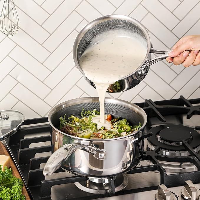 DELUXE Hybrid Ceramic Nonstick 2-Quart Saucepan with Tempered Glass Lid, Stainless Steel Pot with Stay-Cool Handle, Dishwasher Oven Safe, Induction Ready, PFOA Free Compatible with All Cooktops