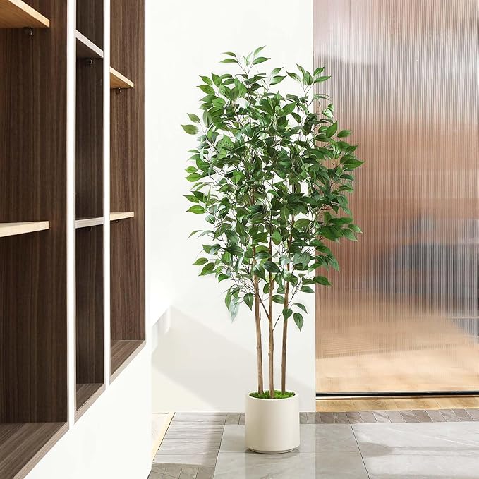 Ficus Artificial Tree 5ft Tall Fake Ficus Tree for Home Decor Indoor Faux Silk Ficus Plant Fake Floor Plant in White Imitation Ceramic Planter with Green Fake Moss, Set of 1