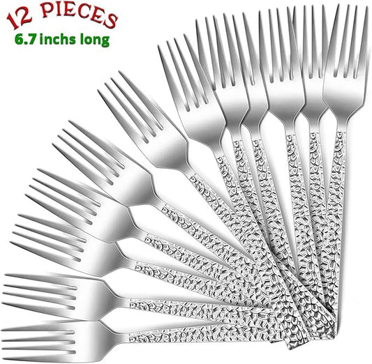 E-far Salad Forks Set of 12, E-far 6.7 Inch Stainless Steel Hammered Dessert Forks for Home, Kitchen or Restaurant, Non-toxic & Mirror Polished, Squared Edge & Dishwasher Safe
