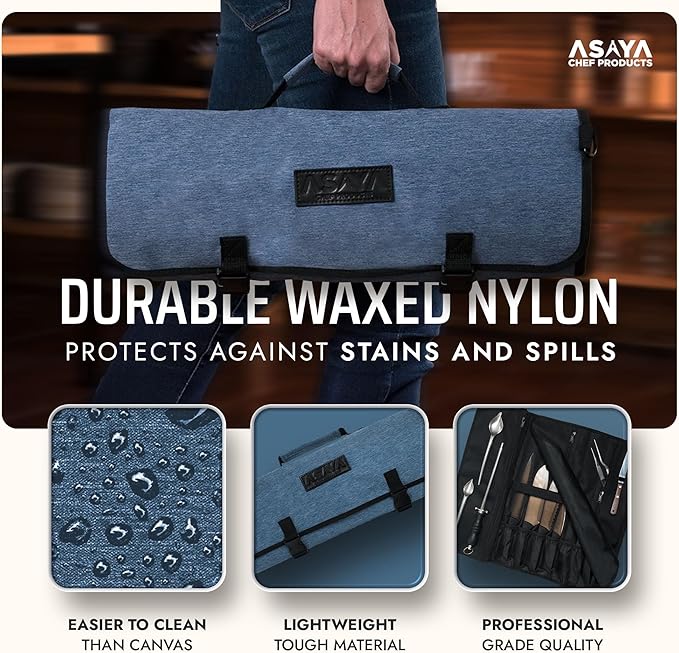 Asaya Chef Knife Roll Bag - 20 Total Pockets for Knives and Kitchen Utensils - Made with Stain Resistant Waxed Nylon - For Chefs and Culinary Students - Knives Not Included(Blue)