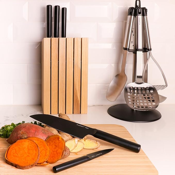BergHOFF Ron 5Pc Non-stick Kitchen Knife And Wood Block Ergonomically Designed Handle Double-coated Titanium Sharp & Well Balanced Seamless Transition