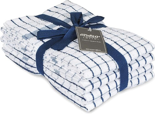 AMOUR INFINI Kitchen Towels Set of 4 - Highly Absorbent, Super Soft Terry Cotton 20x28 Inch Dish Towels with Hanging Loop - Hand & Tea Towels for Cleaning & Drying Dishes (Blue)