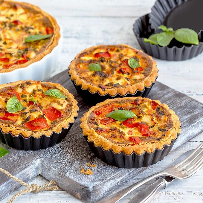 4” Quiche Pans with Removable Bottom, Non-stick, Fluted Sides, Mini Tart Pans, Round Shape, Set of 6