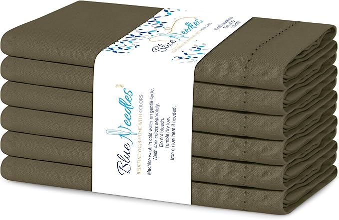 Blue Needles Set of 6 Hemstitch Linen Napkins 100% Cotton Olive Green Cloth Dinner Napkins 18x18 inches, Soft, Reusable, Absorbent, Washable, Ideal for Wedding Events, Parties & Everyday Use