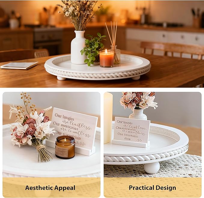 Urban Deco Decorative Trays for Home Decor, Round Wooden Trays for Coffee Table, White Stripes Tray for Living Room, Kitchen, Farmhouse Centerpiece Decor (1-Pk)