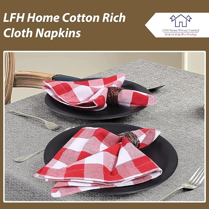 LFH Home 100% Cotton Cloth Reusable Dinner Napkins Set of 12 Washable Soft Decorative Buffalo Plaid Gingham and Checkered Table Napkins for Holidays Wedding Farmhouse Decor 18x18 Inch - Red & White