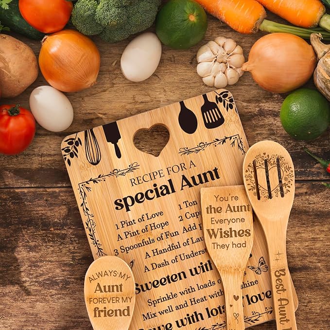 Gifts for Aunt - "Recipe for a Special Aunt" Aunt Birthday Gifts Cutting Board Set, Bamboo-Made Engraved Utensil Set, Aunty Birthday Gifts