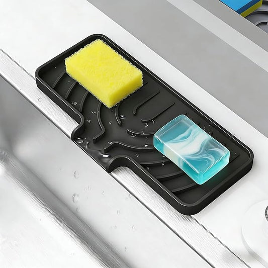 Sponge Holder for Kitchen Sink, Soap Tray for Sink & Counter, 9.8"×4.9" Soap Dish Mat, Silicone with Drain, Perfect for Dispenser, Scrubber, Bottle, Cup (Black)