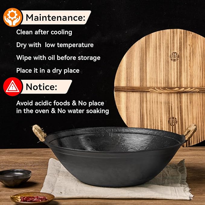WANGYUANJI Cast Iron Wok Pan,13.4 inch Cooking Wok Stir Fry Pan with Dual Handle and Wooden Lid,Suitable for All Cooktops,Uncoated Chinese Traditional wok