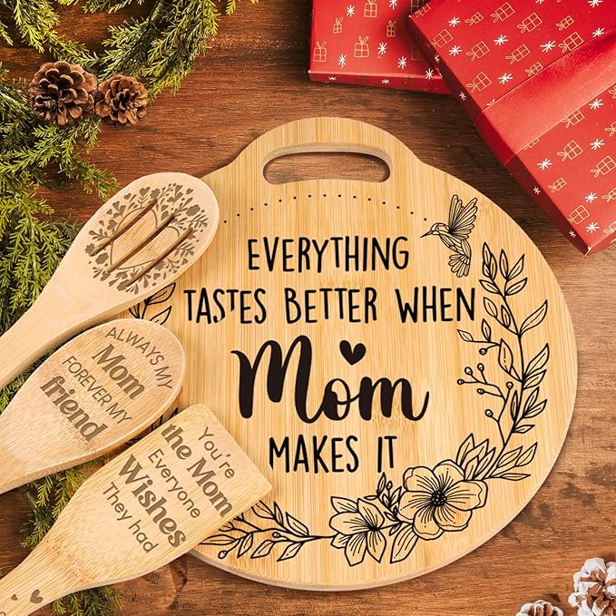 Birthday Gifts for Mom - Cute Engraved Bamboo Cutting Board Set, Perfect Mom Birthday Gifts from Daughter/Son, Mothers Day Christmas Birthday Gifts for Mom Mother, Home and Kitchen Decor