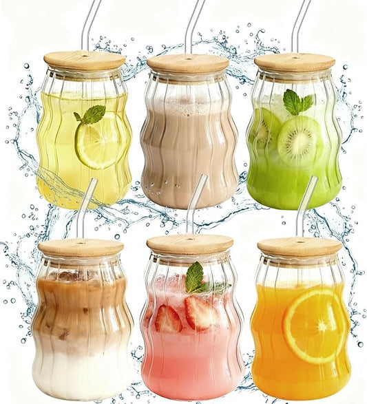 6 Packs Cute Glass Tumbler with Lid and Straw 16 oz Cute Ice Coffee Cup Set Bulk Vasos de Vidrio Con Tazas Para Cafe Cocina Accesorios Home Bar Accessories New Home House Warming Gift Kitchen Stuff