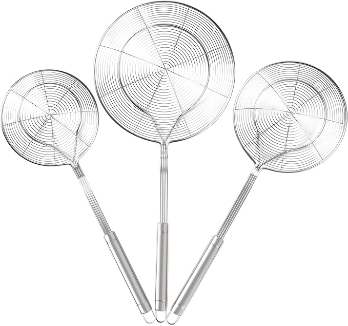 Fine Mesh Strainer & Spider Skimmer Spoon Set of 3, Stainless Steel Kitchen Utensils for Frying, Soup & Pasta (5.5”+6.3”+7.9”)