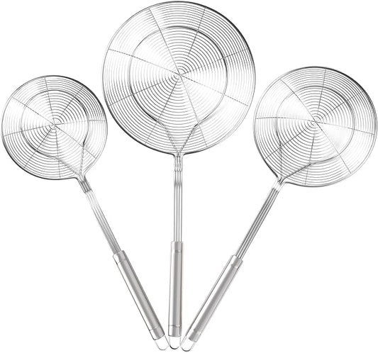 Fine Mesh Strainer & Spider Skimmer Spoon Set of 3, Stainless Steel Kitchen Utensils for Frying, Soup & Pasta (5.5”+6.3”+7.9”)