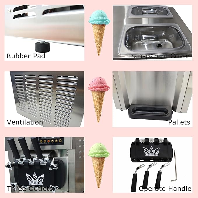 3 Flavors Commercial Soft Serve Ice Cream Machine 110V 1200W Stainless Steel Ice Cream Makers Countertop 16-18L/H with LED Panel for Supermarket Restaurants Bars
