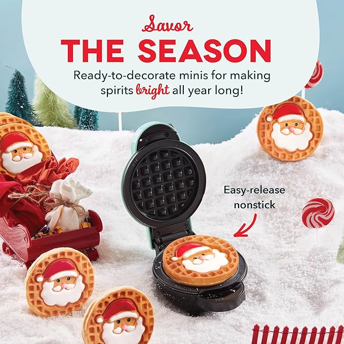 DASH Holiday MultiMaker® Mini System - Waffle Maker with Six 4” Removable Holiday Plates: Waffle Iron & Griddle, 4-in-1 Mini Waffle Maker for Kids and Families – Nonstick Surface, Santa Waffle (Red)