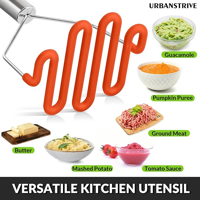 Urbanstrive Non-Scratch Silicone Potato Masher Kitchen Tool, Potatoes Masher Potato Masher Stainless Steel Wrapped In Premium Silicone, Potato Smasher, Orange