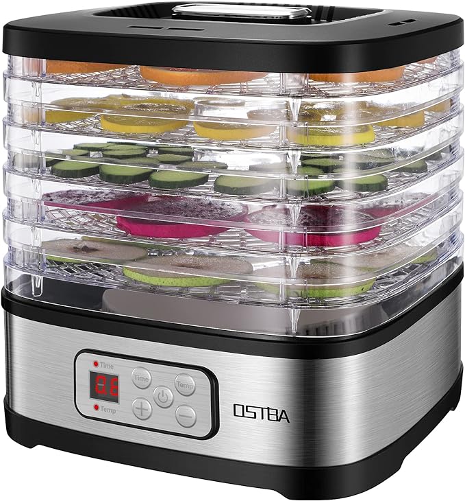 OSTBA Food Dehydrator Machine Adjustable Temperature & 72H Timer, 5-Tray Dehydrators for Food and Jerky, Fruit, Dog Treats, Herbs, Snacks, LED Display, 240W Electric Food Dryer, Recipe Book