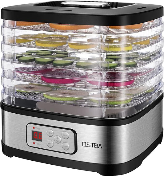 OSTBA Food Dehydrator Machine Adjustable Temperature & 72H Timer, 5-Tray Dehydrators for Food and Jerky, Fruit, Dog Treats, Herbs, Snacks, LED Display, 240W Electric Food Dryer, Recipe Book