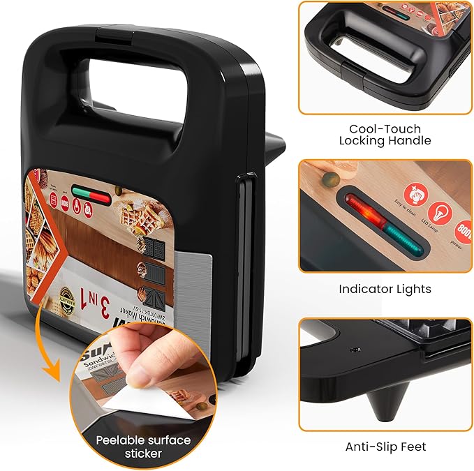 Sunvivi Waffle Iron, Panini Press Grill and Sandwich Maker Set, 3 in 1 Electric Sandwich Press with Removable Non-Stick Plates, Indicator Lights