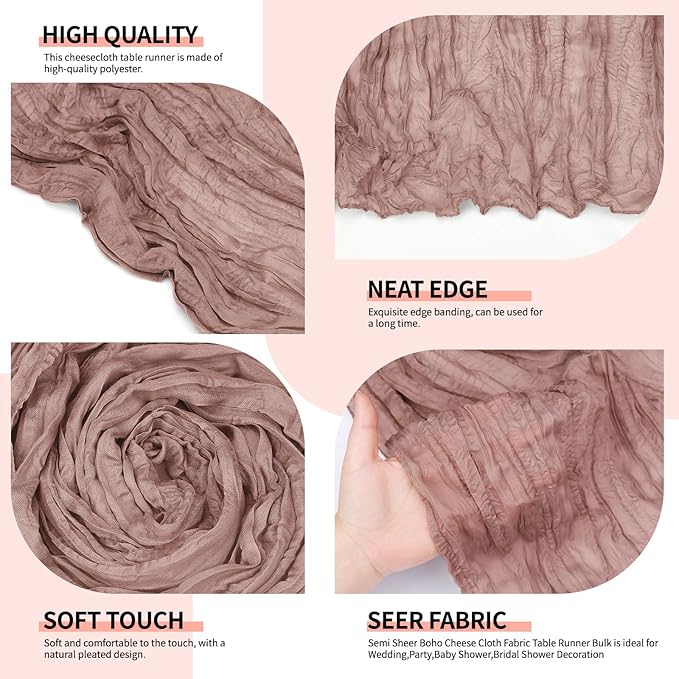 12 Pcs Dusty Pink Cheesecloth Table Runner 10Ft, Gauze Table Runners 21.5 x 120 inch,Semi Sheer Cheese Cloth Fabric Runner Bulk for Wedding,Party,Baby Shower,Bridal Shower
