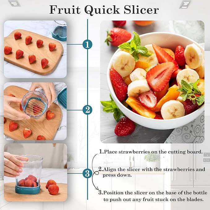 Strawberry Cutter Slicer Cup with Blade Sharpener & Cleaning Brush – Versatile Fruit Slicer for Strawberries, Eggs, Bananas, Grapes(Dark Teal)