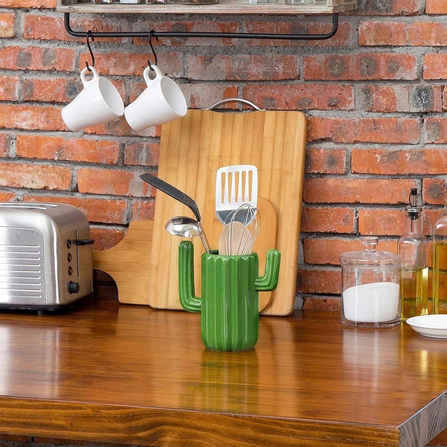MyGift Ceramic Cactus Utensil Holder, Southwestern Green Countertop Crock – Durable Kitchen Organizer for Spoons, Paintbrushes, Desert & Cactus Home Decor