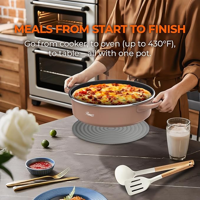 Rosewill 12.7 QT Electric Hot Pot Slow Cooker with Multiple Functions, Split Design with 11.8 inch Wider Cooking Pot and SUS Steam Basket, 1600W High Power, Includes Utensils - Mocha