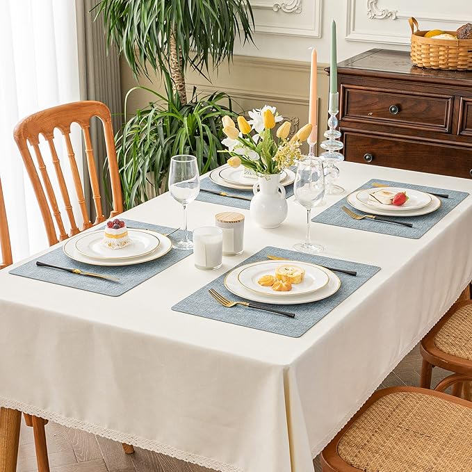 Romanstile Vinyl Placemats Set of 6-12 X 17 Inch - Heat Resistant Place Mats 100% Waterproof Oilproof Wipeable Reversible Faux Leather Table Mats for Kitchen, Dining, Party, Outdoor, Sky Blue