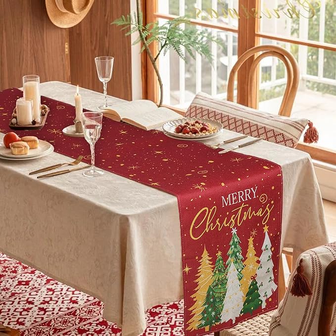 Christmas Table Runner Linen Red Snowflake Winter Table Runners with 8 Colorful Trees,Xmas Dinner Holiday Theme Table Kitchen Dining Table Decor （13 x 72 Inch）