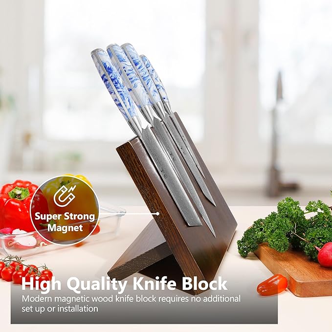 SHANGDAO Damascus Kitchen Knife Set with Magnetic Knife Block, 5 PCS Razor Sharp Kitchen Knives Made of Japanese Damascus Steelwith Block, Full Tang Ergonomic Resin Handle Chef Knife With Gift Box
