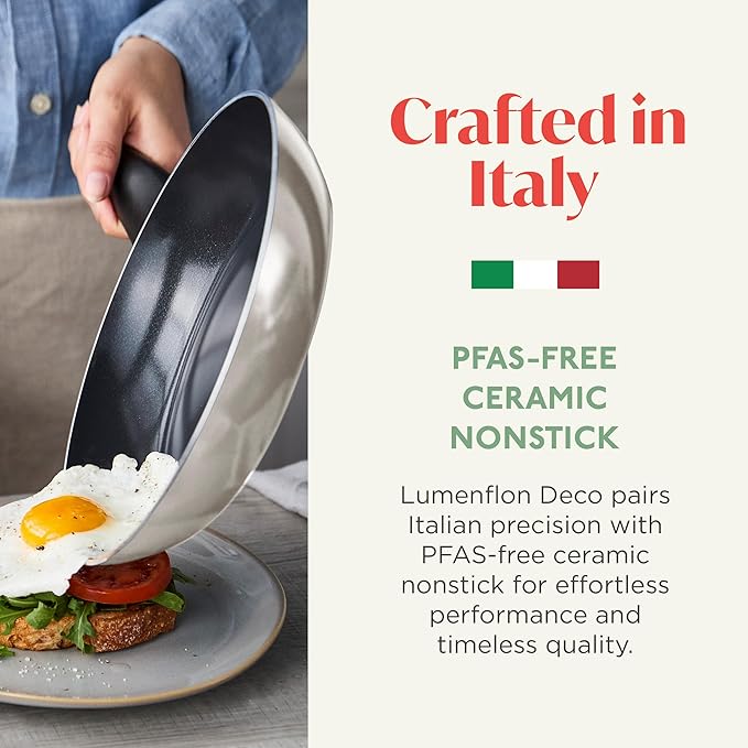 Lumenflon Deco 11” Nonstick Frying Pan Skillet, Made in Italy, Diamond Ceramic PFAS-Free, Dishwasher & Metal Utensil Safe, Durable Gloss Enamel Finish, Stay-Cool Handle, High Walls-Extra Room, Taupe
