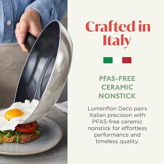 Lumenflon Deco 9.5” Nonstick Frying Pan Skillet, Made in Italy, Diamond Ceramic PFAS-Free, Dishwasher & Metal Utensil Safe, Durable Gloss Enamel Finish, Stay-Cool Handle, High Walls-Extra Room, Taupe