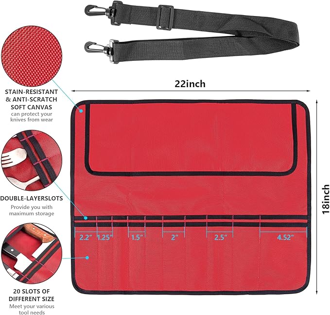 EHRGK Knife Roll,Heavy Duty Knife Bag,Oxford Knife Case with 20 Slots for Knives & Kitchen Tools,Chef Knife Bag,Knife Roll Bag, Knife Pouch Wrap for Chefs Culinary Traveling (Red)