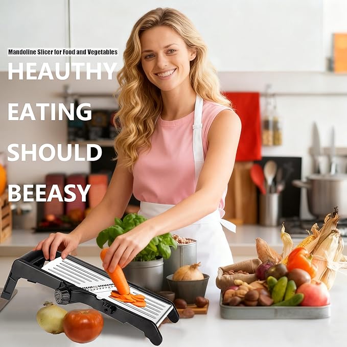 Mandoline Food Slicer for Kitchen, Adjustable Stainless Steel Mandoline Vegetable Slicer, Onion/Potato Slicer/French Fry Cutter, 6-Piece Fruit & Vegetable Cutting Set (Black/Silver)