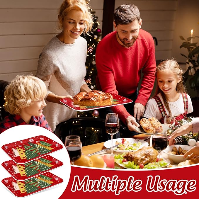 JarThenaAMCS 3Pcs Christmas Serving Trays Reusable Serving Dishes Gold Green Xmas Tree Snowflake Platter for Winter Party Sharing Snacks Fruits Dessert, 13 x 10 Inch