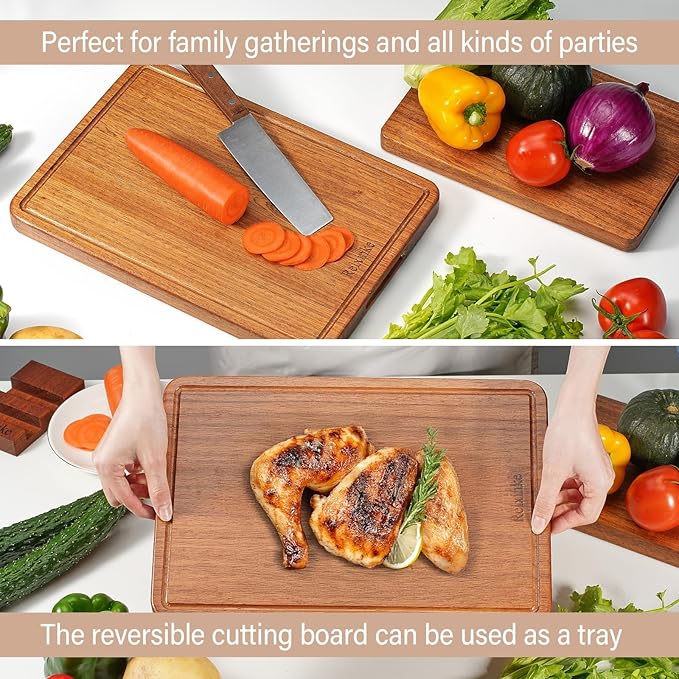 Relxinke Solid Teak Wood Cutting Board One Piece Non Glued Large Thick Crack Resistant Wooden Chopping Board with DeepJuice Grooves Built in Handles for Kitchen Meat Vegetable 17.7x11.8 IN