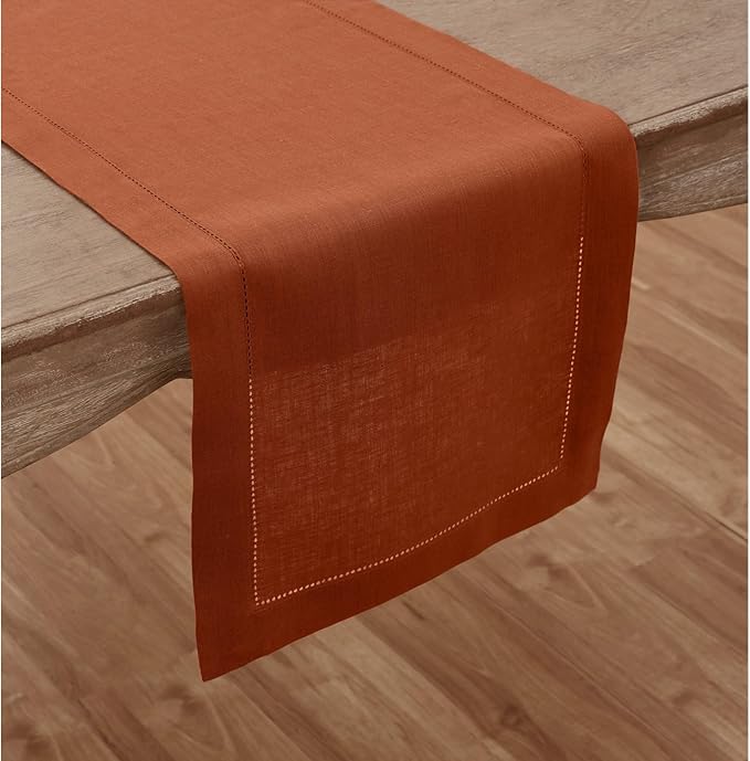 Solino Home Linen Cinnamon Table Runner 144 Inches Long - 100% Pure Linen Extra Long Table Runner 14 x 144 Inch - Classic Hemstitch