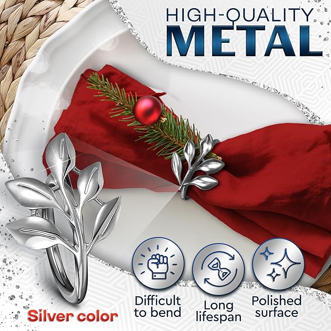 Set of 20 Silver Easter Napkin Rings - Decorative Silver Napkin Rings Set | Napkin Ring Holders with Elegant Leaf Design for Weddings, Parties & Special Occasions, Festive Easter Holiday Table Decor
