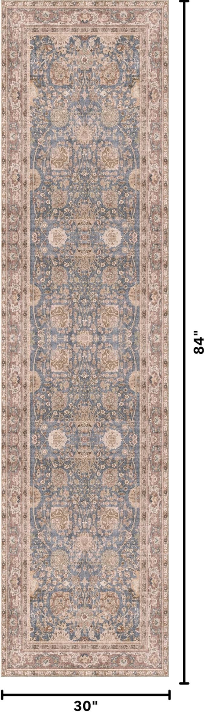 Kuden 2'6"x7' Runner Rug, Machine Washable Area Rug with Non-Slip Backing, Vintage Style, Soft, Easy Clean, Low Pile Rug for Hallway, Entryway, Kitchen, Bedroom