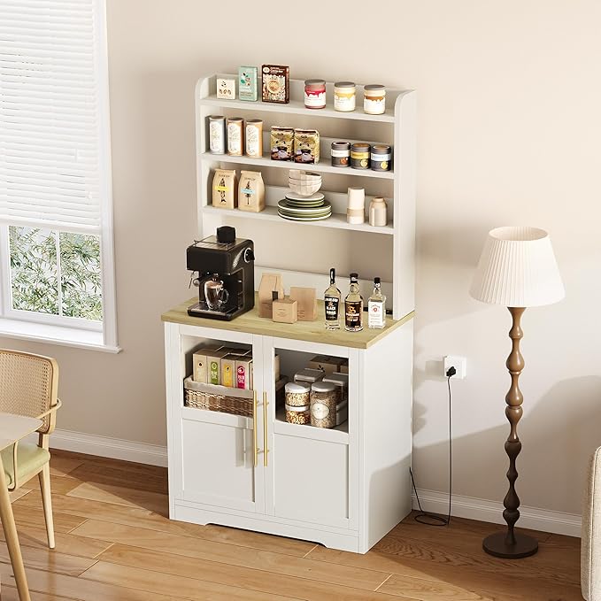 Garvee Farmhouse Bakers Rack with Glass Door, Microwave Stand with Power Outlets, Kitchen Hutch Pantry Cabinet, Kitchen Coffee Bar Cabinet for Spices, Dishes, and Pots, White