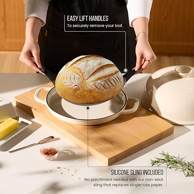 Kook Bread Oven, with Lid and Handles, Enameled Cast Iron Pan and Ceramic Lid, For Baking, Cooking, Roasting and more, Ivory