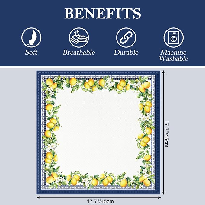 Spring Summer Lemon Napkins, 18×18 Inch Dinner Cloth Napkins Set of 12, Washable Cotton Soft Absorbent Square Napkins for Dining Kitchen Party Wedding Decoration