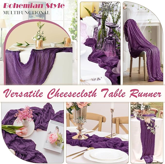 Plum Purple Cheesecloth Table Runner 2 Pack 35" Boho Gauze Table Runner 120 inches Long Runner Rustic Sheer Fabric Bulk for Baby Shower Wedding Bridal Birthday Party Table Decorations