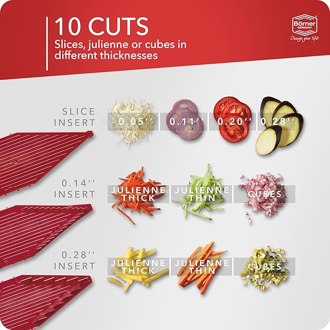 Börner Mandoline Slicer V5 (Starter Set) • Vegetable V-Slicer for Slices, Sticks & Dices in Various Sizes • With Stainless Steel V-Blade • Adjustable Kitchen Slicer • Color: Red