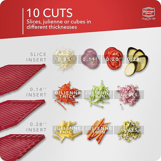 Börner Mandoline Slicer V5 (Starter Set) • Vegetable V-Slicer for Slices, Sticks & Dices in Various Sizes • With Stainless Steel V-Blade • Adjustable Kitchen Slicer • Color: Red