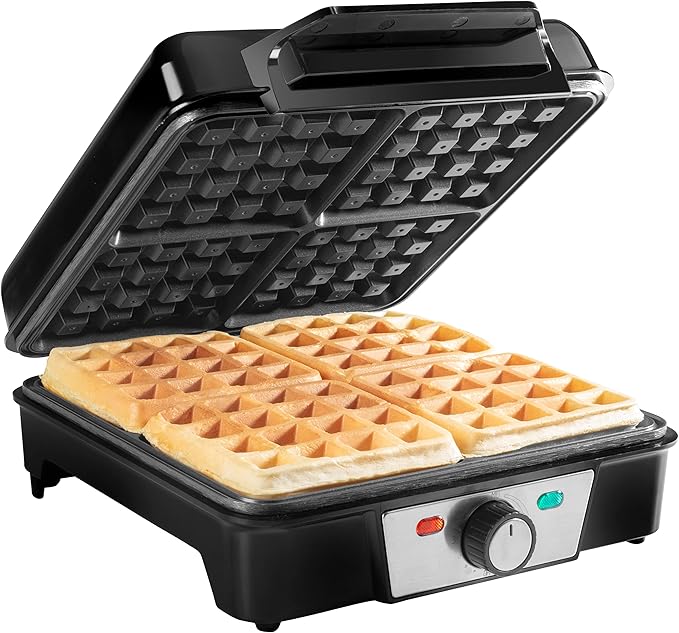 CucinaPro Four Square Belgian Waffle Maker, Extra Large Stainless Steel Kitchen Appliance w Nonstick Waffler Iron Plates- Make 4 Fluffy Waffles, Griddle for Family Morning Breakfast with Recipe Guide